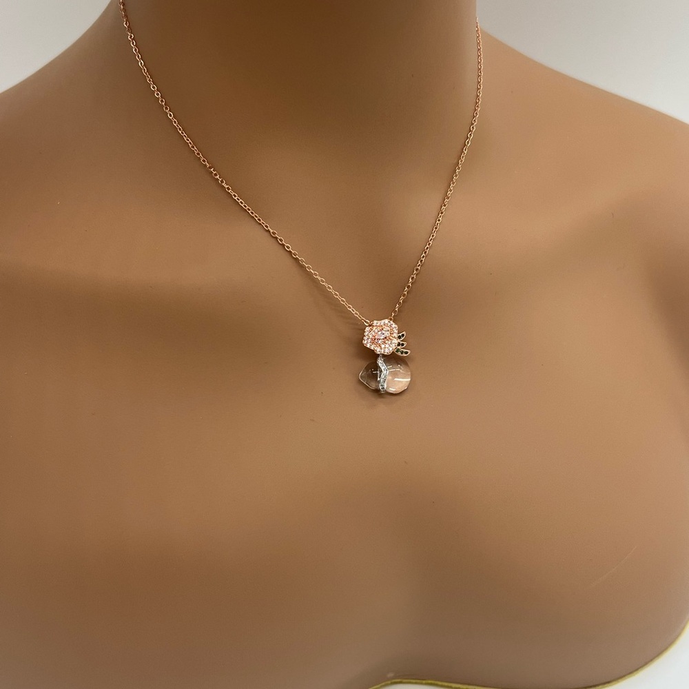 ROSE GOLD ROSE CZ GLASS PENDANT NECKLACE - Picture 4 of 4
